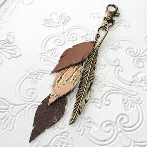 Leather Feather Purse Charm Boho Bronze Brown Leather Rustic Bag Charm Western Southwest Purse Tassel Jewelry Flair Dangle Gift FTH