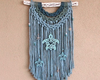 Beachy Sea Turtle Wall Hanging Cotton Macrame Fiber Bohemian Blue Fringe Boho Beach Ocean Home Decor House Warming Gift