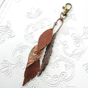 Leather Feather Purse Charm Boho Copper Leather Rustic Bag Charm Western Southwest Purse Tassel Jewelry Flair Dangle Gift FTH