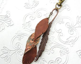 Leather Feather Purse Charm Boho Copper Leather Rustic Bag Charm Western Southwest Purse Tassel Jewelry Flair Dangle Gift BKHK