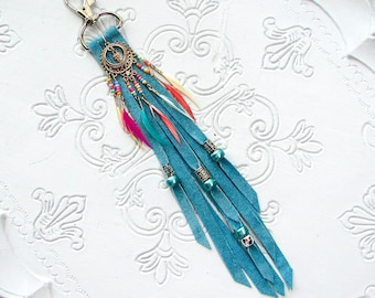 Turquoise Leather Fringe Bag Charm Boho Beaded Dreamcatcher Tassel Hippie Boho Aqua Suede Fringe Purse Tassel Cowgirl Gypsy Charm Gift