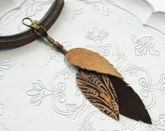 Leather Feather Purse Charm Western Leather Beaded Hippie Southwest Purse Tassel Fringe Bag Charm Purse Jewelry