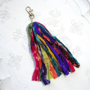 Silk Boho Purse Tassel Bag Charm Sari Silk Chiffon Hippie Gypsy Fringe Purse Beaded Tassel Charm Bohemian Colorful Festival Tassel