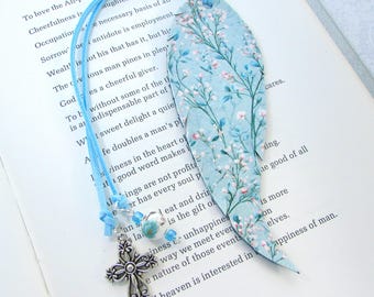 Christian Bookmark Cross Book Lover Readers Blue Floral Leather Feather Bible Bookmark Flowers Mother Secret Sister Gift BKM FAL