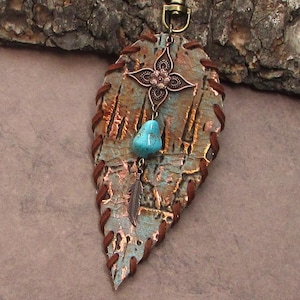 Leather Feather Purse Charm Embossed Copper Rustic Bag Charm Turquoise Western Southwest Purse Tassel Jewelry Flair Dangle Gift STF