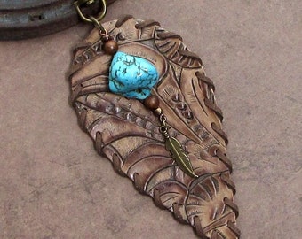 Leather Feather Purse Charm Embossed Floral Leather Rustic Bag Charm Turquoise Western Southwest Purse Tassel Jewelry Flair Dangle Gift STF