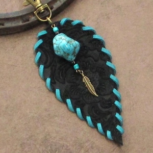 Leather Feather Purse Charm Black Floral Embossed Leather Rustic Bag Charm Turquoise Western Southwest Purse Tassel Jewelry Flair Dangle STF