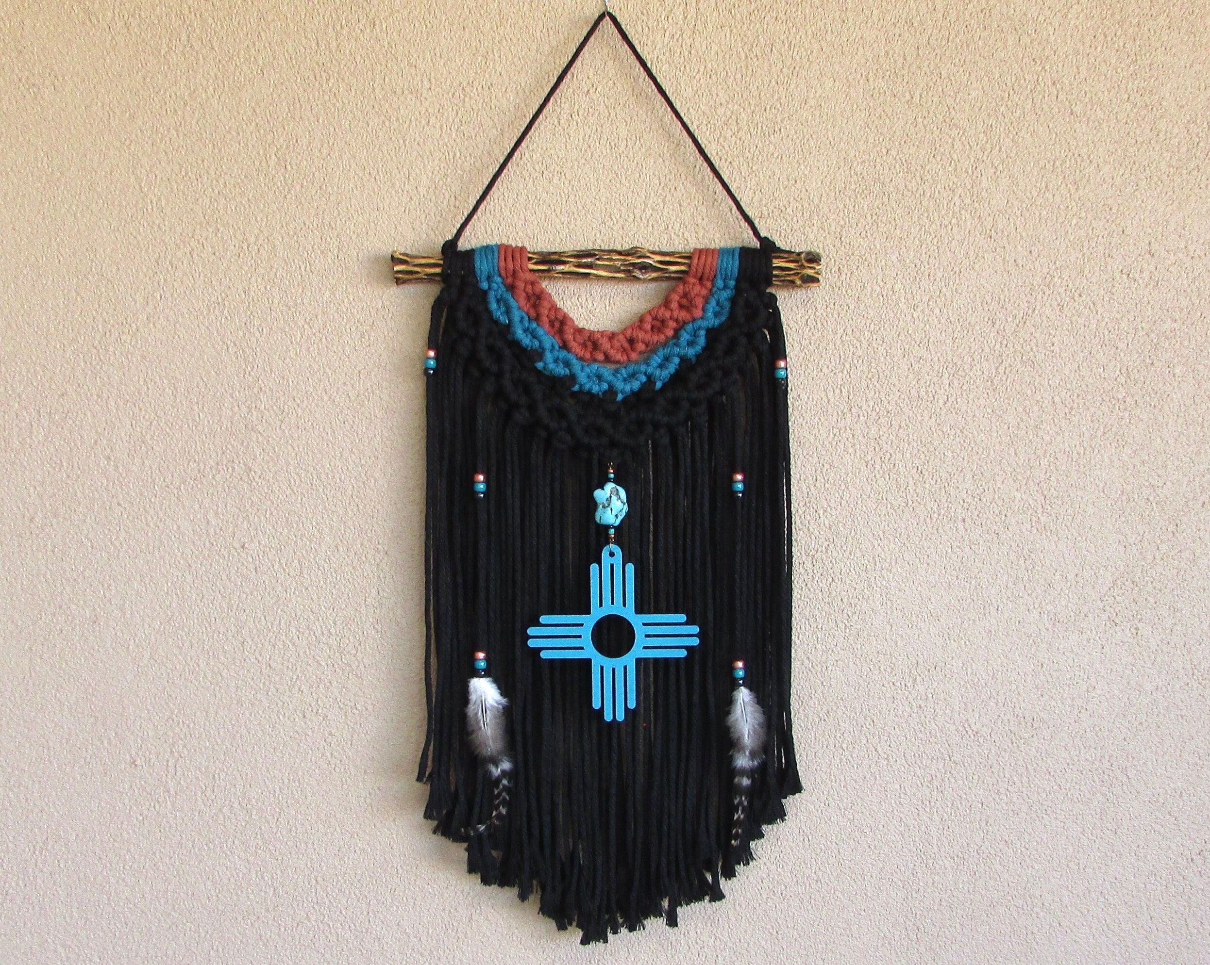 Southwest Wall Hanging New Mexico Zia Native American Inspired Decoration Macrame Wall Art Black Fiber Fringe Boho Western Home Decor Gift Etsy