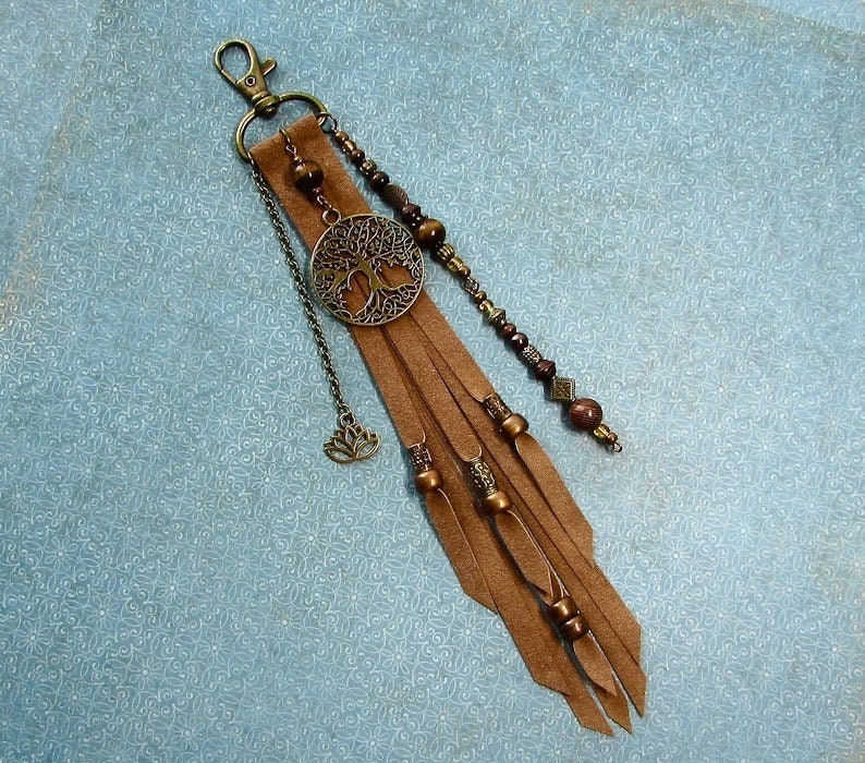 Brown or Black Suede Leather Fringe Bag Charm Tree Of Life 9 Tassel Hippie Boho Fringe Purse Tassel Gypsy Charm Gift Brown or Black Suede Tan Brown