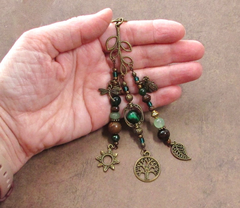 Purse Charm Nature Earthy Hippie Boho Leaf Green Beaded Fringe Bag Charm Gypsy Purse Tassel Gift image 2