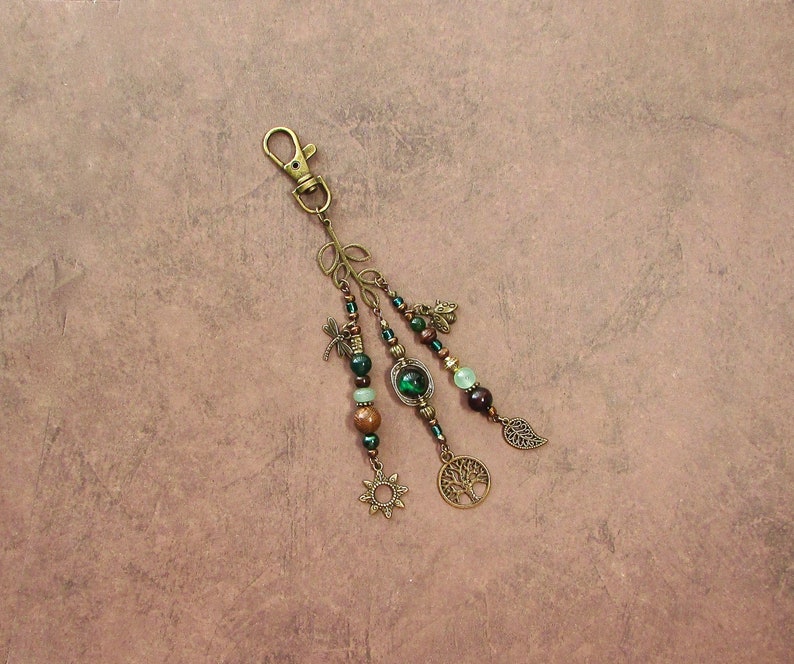 Purse Charm Nature Earthy Hippie Boho Leaf Green Beaded Fringe Bag Charm Gypsy Purse Tassel Gift image 5