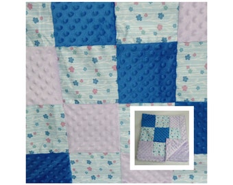 Minky baby blanket, patchwork quilt, matching sets, floral, purple and blue, baby shower gift, bibs, carseat belt covers