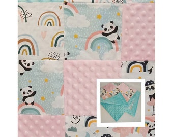 Minky baby blanket, patchwork quilt, matching sets, pandas, rainbows, boho, sweet dreams, baby shower gift, bibs, carseat belt covers