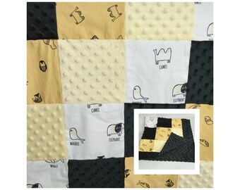 Minky baby blanket, patchwork quilt, matching sets, zoo, safari, animals, black yellow, white, baby shower gift, bibs, carseat belt covers