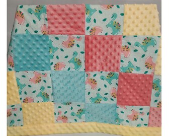 Minky baby blanket, patchwork quilt, matching sets, girly dinosaur, dinos, baby shower gift, bibs, carseat belt covers