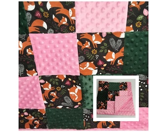 Minky baby blanket, patchwork quilt, matching sets, fox, baby fox, wilderness, baby shower gift, bibs, carseat belt covers