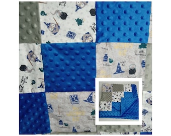 Minky baby blanket, patchwork quilt, matching sets, magician, owls, magic spell, wizard, baby shower gift, bibs, carseat belt covers
