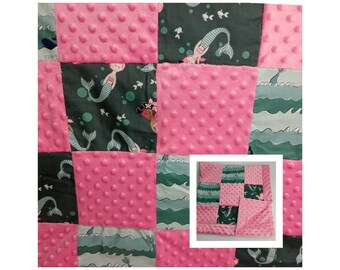 Minky baby blanket, patchwork quilt, matching sets, mermaids, girl pirate, nautical, baby shower gift, bibs, carseat belt covers