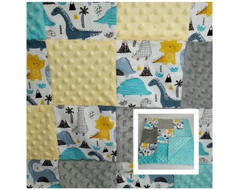 Minky baby blanket, patchwork quilt, matching sets, dinosaur, dinos, jurassic, baby shower gift, bibs, carseat belt covers