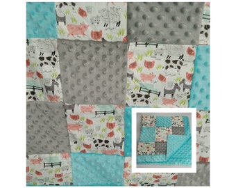 Minky baby blanket, patchwork quilt, matching sets, farm, barnyard, cows, goats, chickens, pigs, baby shower gift, bibs, carseat belt covers