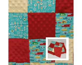 Minky baby blanket, patchwork quilt, matching sets, cars, trucks, city traffic, baby shower gift, bibs, carseat belt covers