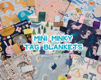 Mini Minky Tag Blankie - Tag Blanket - Sensory Play - Satin Ribbon - Ribbed Ribbon - Soft Minky - Colorful - Textures