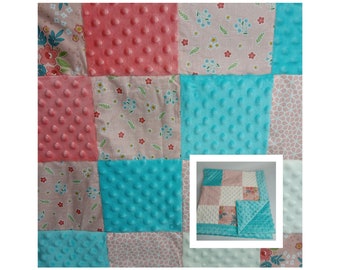 Minky baby blanket, patchwork quilt, matching sets, floral, peach and cream, classic, baby shower gift, bibs, carseat belt covers