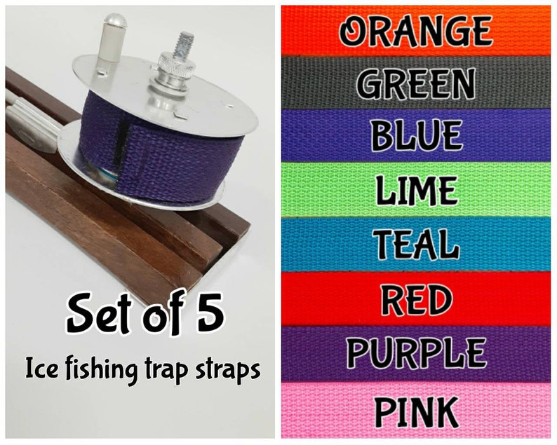 SET OF 5 Ice fishing trap straps, reel wraps, red, blue,green, purple, orange, pink, lime, teal image 1