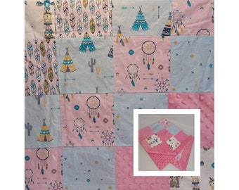 Minky baby blanket, patchwork quilt, woodland animals, teepees, dream catchers, feathers, baby shower gift, matching sets available