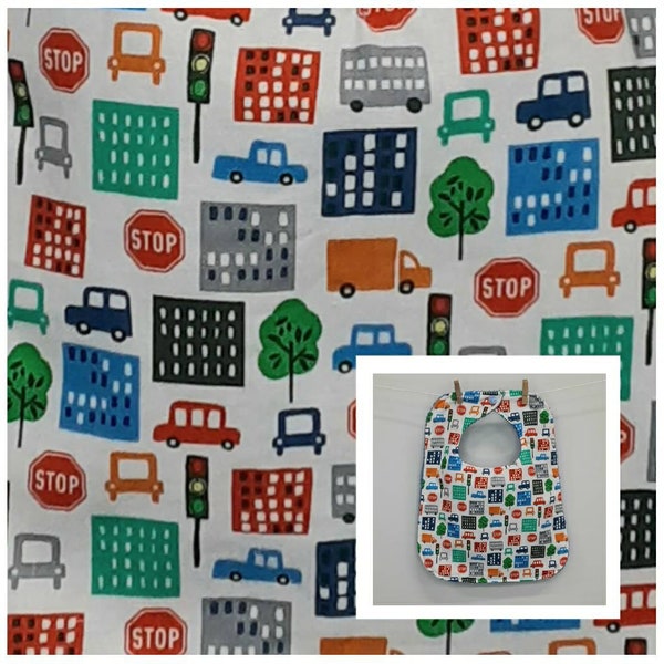 Baby bibs, toddler bibs, reversible, washcloth backing, boys, girls, gender neutral, cars, trucks, city, signs, terry towel,kam snap closure