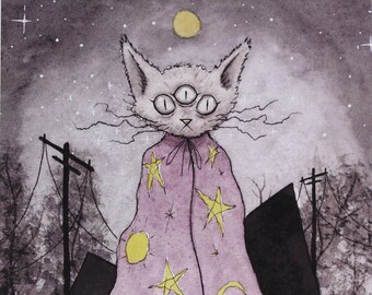 Spelly Cat, Dark Art Print, Watercolor