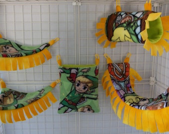 The Legend of Zelda, Link Sugar Glider, Rat, Ferret Fleece Cage Set with Tunnel, Bridge, Pouch and Hammocks