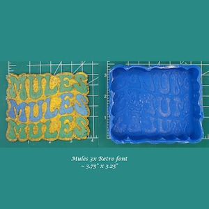 May include: A blue silicone mold for making resin crafts. The mold is shaped like the word "MULES" in a retro font. The mold is approximately 3.75 inches by 3.25 inches.