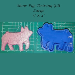 May include: A pink and blue plastic mold of a pig, measuring 5 inches by 4 inches. The mold is on a green cutting mat with white markings.