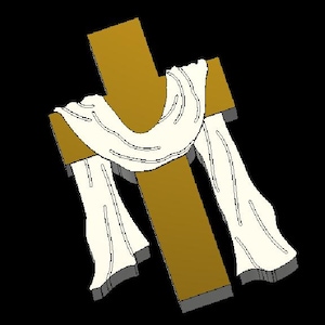 May include: A brown wooden cross draped with a white cloth. The cross has a simple, straight-edged design with a vertical beam and a horizontal crossbar. The white fabric is folded over the horizontal bar, with two ends hanging down on each side.