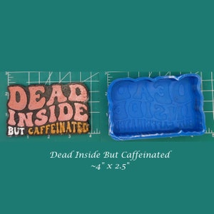 May include: A blue silicone mold for making resin crafts. The mold is shaped like a rectangle and has the words "Dead Inside But Caffeinated" written in a retro font. The mold measures approximately 4 inches by 2.5 inches.