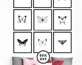 Butterfly Framed Art - SET of  9 black and white butterfly art prints 8x10, real butterflies, butterfly room decor 11x14, gallery wall art