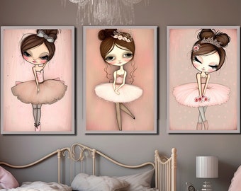 Pink Whimsical Ballerina Wall Art for Girl's Room - Set of 3 Ballerina Prints for Girls Bedroom Decor