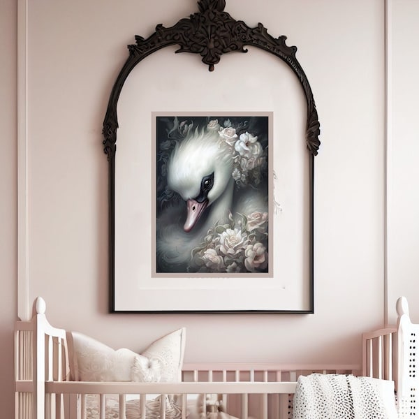 Baby Swan Rose Crown Print - Dark Swan Rococo Art for the Nursery