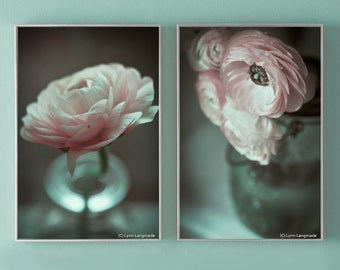 Still Life Print Set - Set of 2 ranunculus photography pink flowers shabby chic 8x10 prints gray ranunculus art 11x14 16x20 bathroom art 5x7