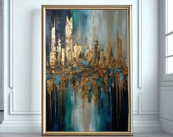 Abstract Cityscape Painting - Stunning Blue and Gold Art for Modern Home Decor