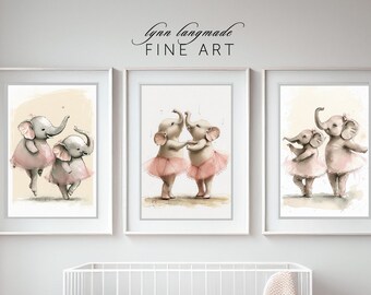 Baby Girl Nursery Print Set - Set of 3 Prints of Cute Baby Elephant Ballerinas in Pale Pink Tutus