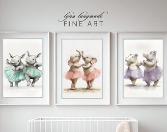 Nursery Animal Ballerina Print Set - Set of 3 Prints of Elephants, Hippos and Rhinoceros Dancing in Tutus