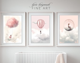 Whimsical Print Set for Girls - Set of 3 Prints of a Cloud, Balloon, and Bubble in Pale Pink