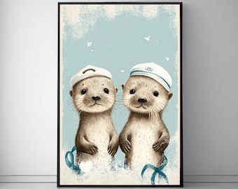 Whimsical Sea Otter Art Print for Boy's Nursery - Sailor Caps and Ocean Theme, Minimalist Blue & Beige