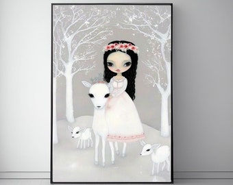 Rose Adorned Snow Princess on Deer Art Print: Whimsical Winter Wonderland Scene