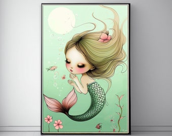 Charming Baby Mermaid Wall Art for Nursery - Sea-Green Underwater Theme with Pink Sea Flowers
