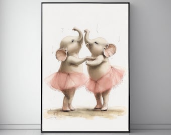 Whimsical Elephant Ballerina Nursery Art - Adorable Baby Elephants in Pale Pink Tutus