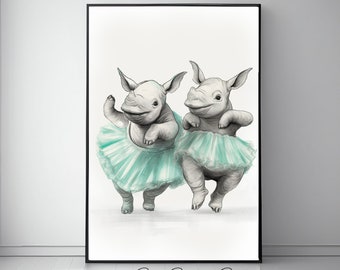 Adorable Baby Animal Ballerinas in Aqua Blue Tutus - Baby Rhinoceros Ballet Nursery Print
