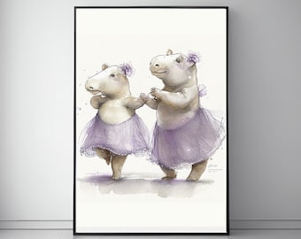 Whimsical Ballet Themed Nursery Print - Adorable Baby Hippo Ballerinas in Lavender Purple Tutus